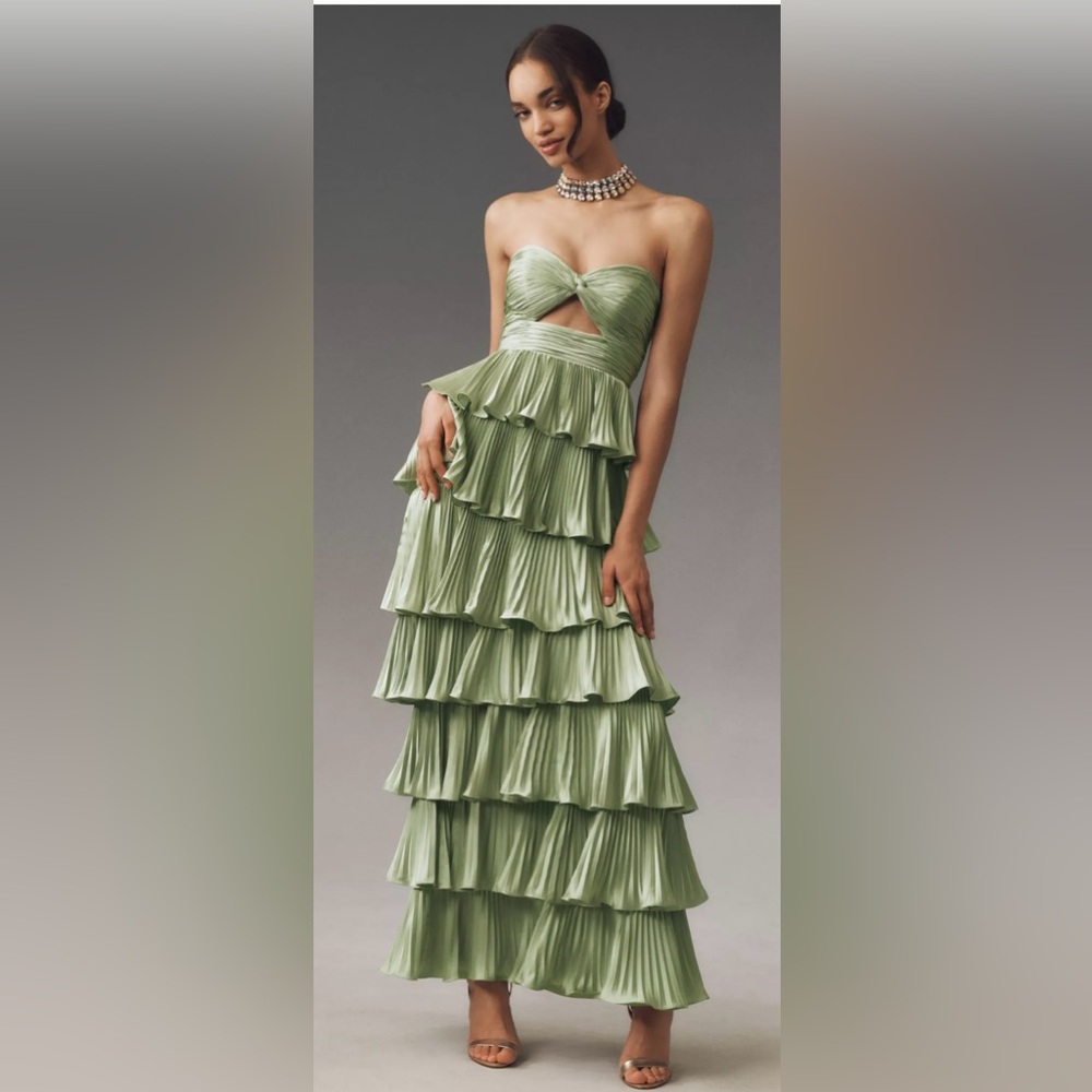 Like New - Mac Duggal Pleated Charmeuse Strapless Tiered Maxi Dress